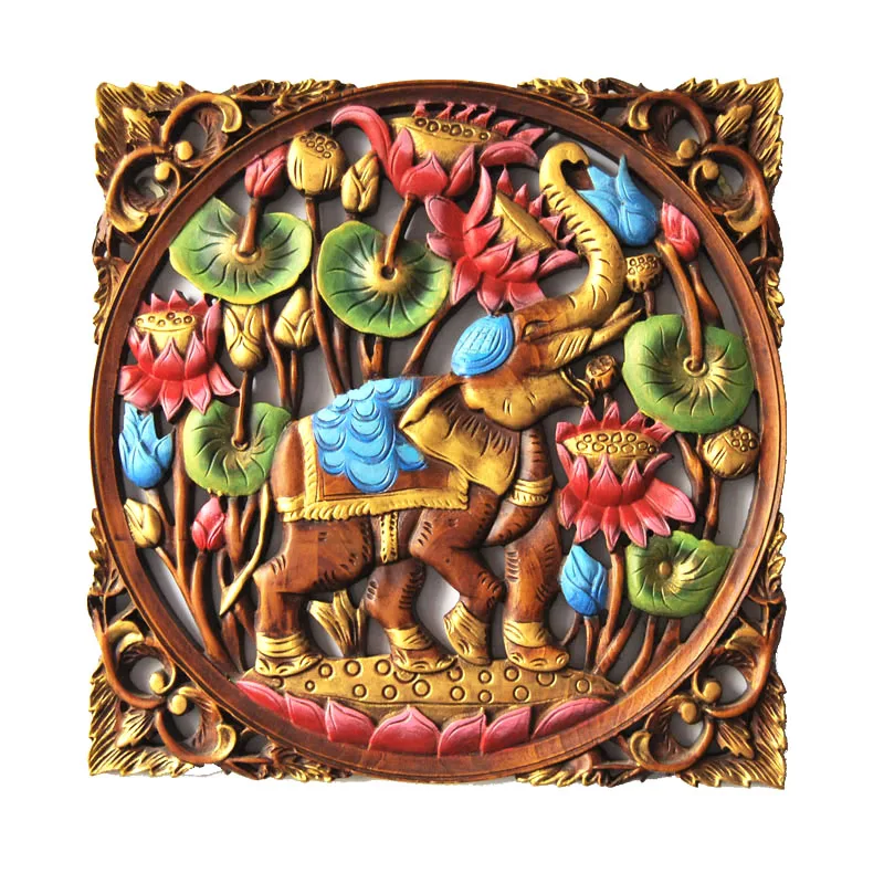 

CX Elephant Decorative Mural Hand Painting Square Wood Carving Hollow Flower Plate Hallway Pendant