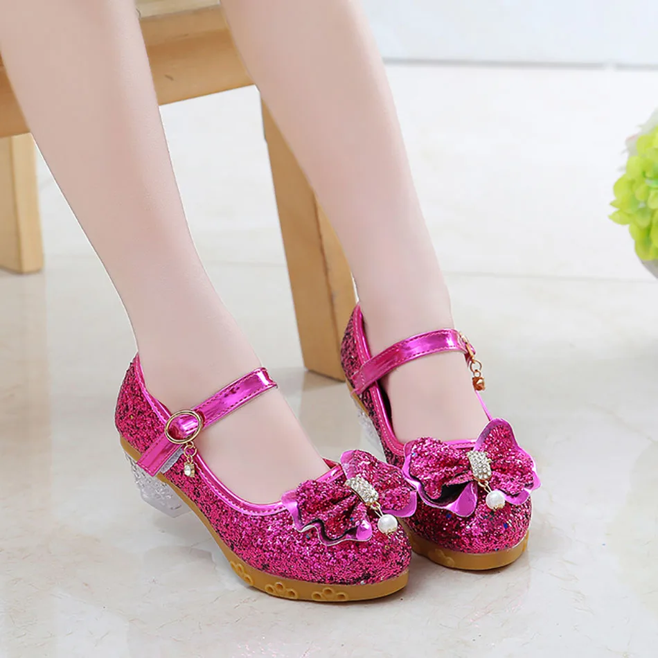 2022 Little Girls Anna Crystal High-Heeled Shoes Children Princess Giltter Shoes Kids Stage Party Dance Shoes Pink Silver Shoes