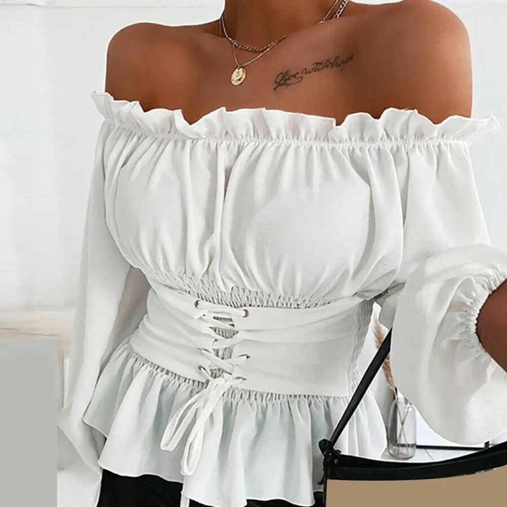 Women Shirt Jacket Coat Autumn Casual Solid Color Long Sleeve Ruffled Hem Off Shoulder Top Blouse