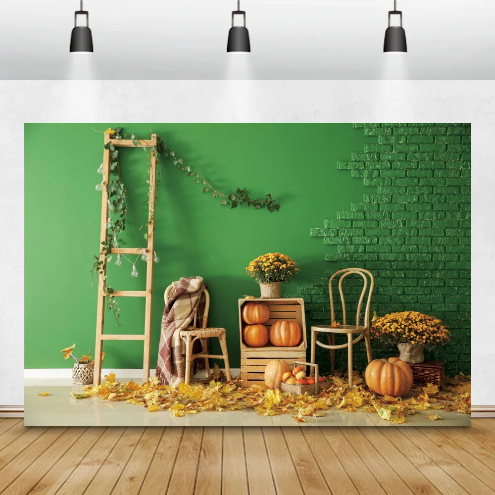 

Photo Background Old Wooden Ladder Brick Wall Furniture Fallen Leaves Pumpkin Party Baby Rural Photography Backdrop Photo Studio