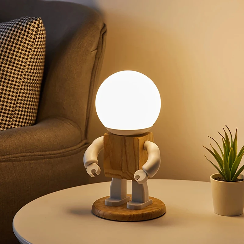 LED Cute Robot Table Light USB Modern  Wood Table Lamp Kids Baby Children Bedroom Bedside Mini Night Lights decor