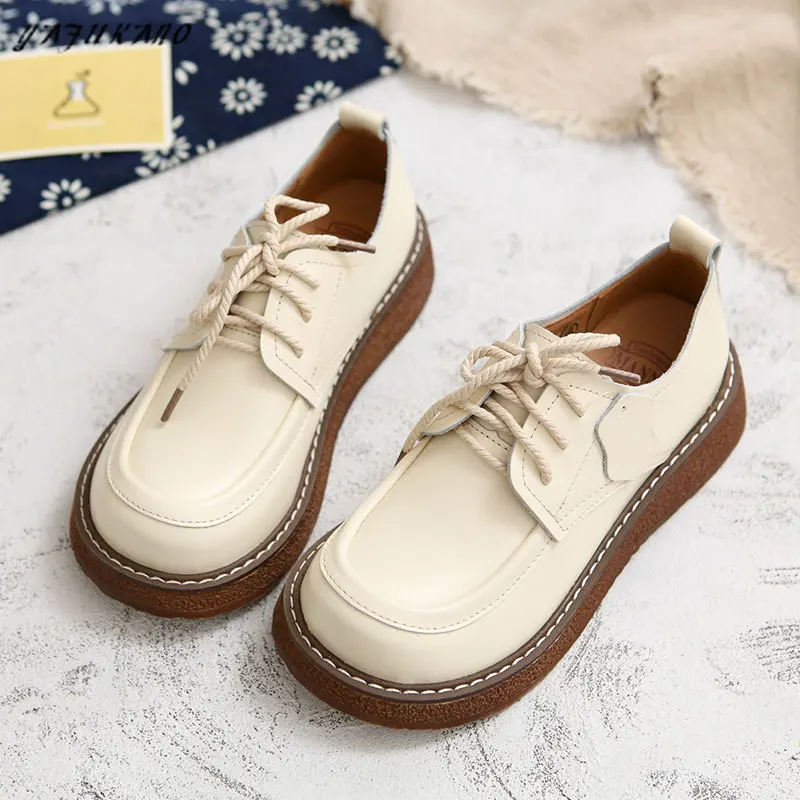 European American Retro British Style Literary Genuine Leather Thick-Sole Lace-Up Handmade Big-Toed Shoes Mori Girl Casual Shoes