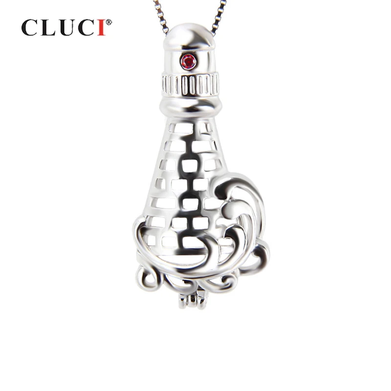 CLUCI Silver 925 Castle Lighthouse Shaped Cage Pendant Women Zircon 925 Sterling Silver Charms Pendant Pearl Locket SC178SB