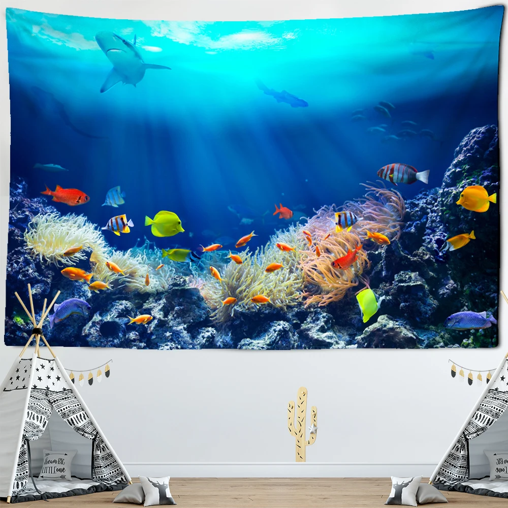 Sea Fish Colorful Tapestry Underwater World Coral Animal Wall Hanging Beach Towel Tapestr Living Room Dorm Home Decor