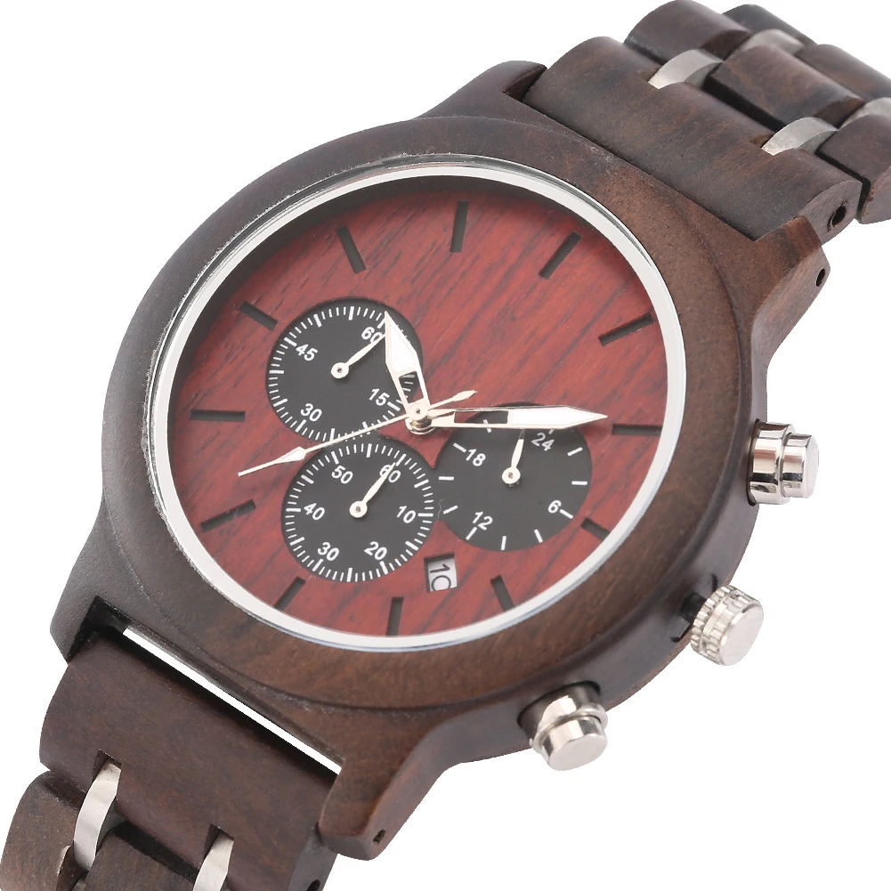 Chronograph Dial Quartz Men Watches Ebony Wood Stainless Steel Bracelet Male Wristwatch Business Auto-date Male Wooden Timepiece