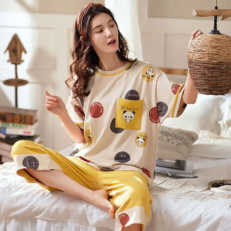 Summer Women Pajamas 2021 New Cute Cartoon Short-Sleeved Shorts Pijamas Two-Piece Ladies Loose Nightie Sleepwear Home Clothes