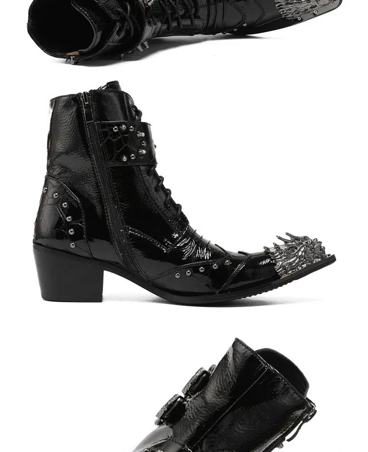 Herren Maßgefertigte Schlangenleder-Stiefel mit Nieten, Mittelhoch, Spitze Zehenkappe, Luxuriöser Singer-Modell-Stil, Bar-Party, Persönlichkeit, Herbstschuhe – Detail 6
