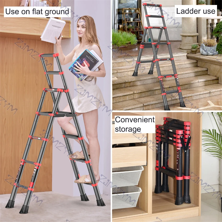 E002 escalera telescópica plegable para el hogar, escalera de espiga de aluminio portátil con pasamanos
