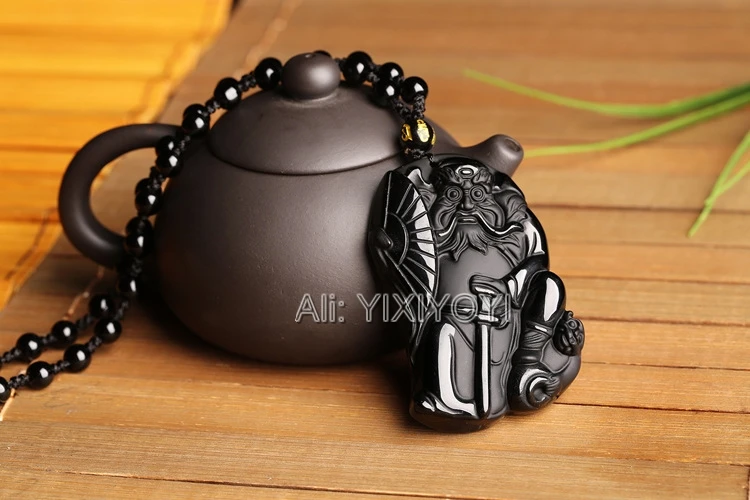 Wonderful Natural Black Obsidian Hand Carved Chinese ZhongKui The Ghost Catcher Amulet Pendant + Beads Necklace Fashion Jewelry