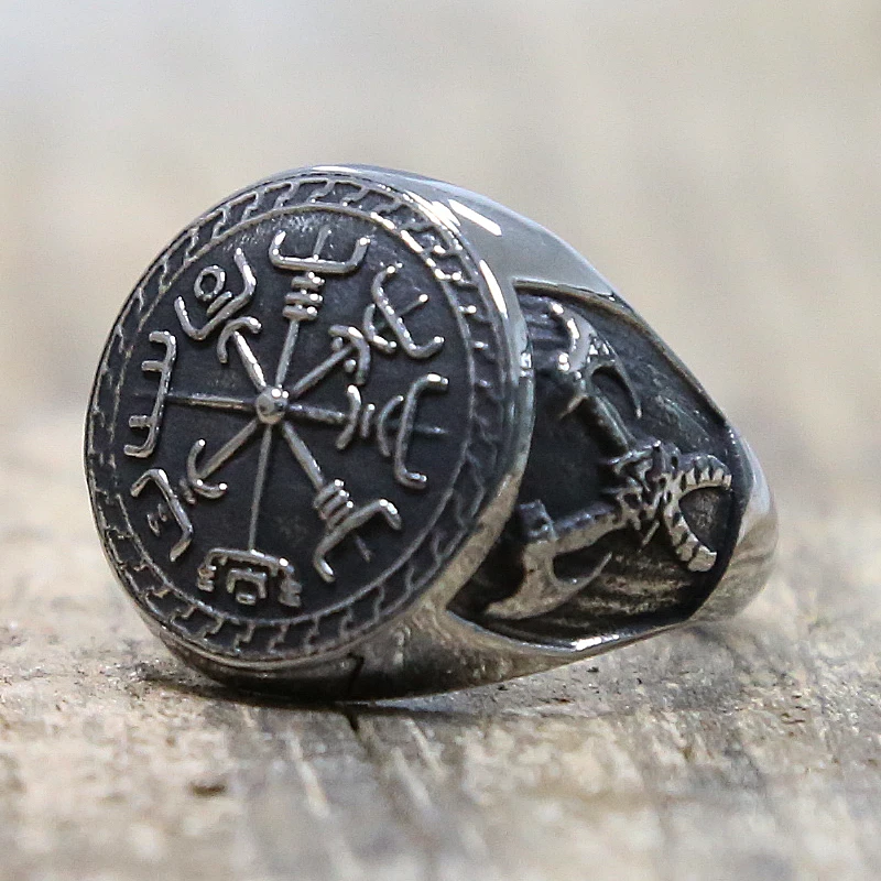 Vintage Viking Compass Ring For Men Boy Nordic 316L Stainless Steel Pirate Double Axe Ring Biker Amulet Jewelry Gift Size 7-15