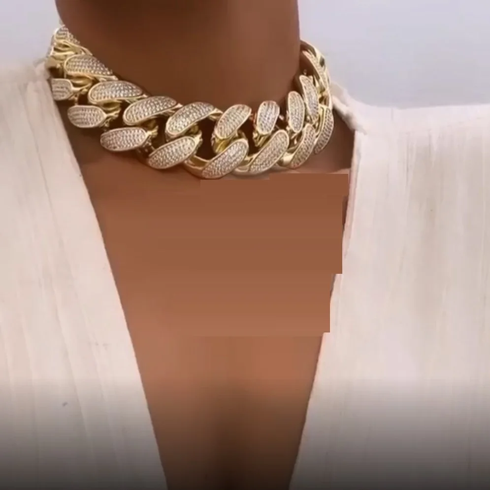 Gold Silver Color 30mm Big Cuban Link Chain Choker Iced Out Bling 4 Row Cz Cuban Link Chain Necklace For Women Hiphop Jewelry