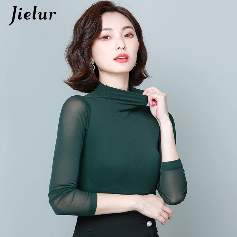 Jielur Turtleneck Autumn Winter T-shirt Women Mesh Solid Color Sexy Chic Slim Tshirt Korean Tee Tops Basic Primer Femme T Shirt