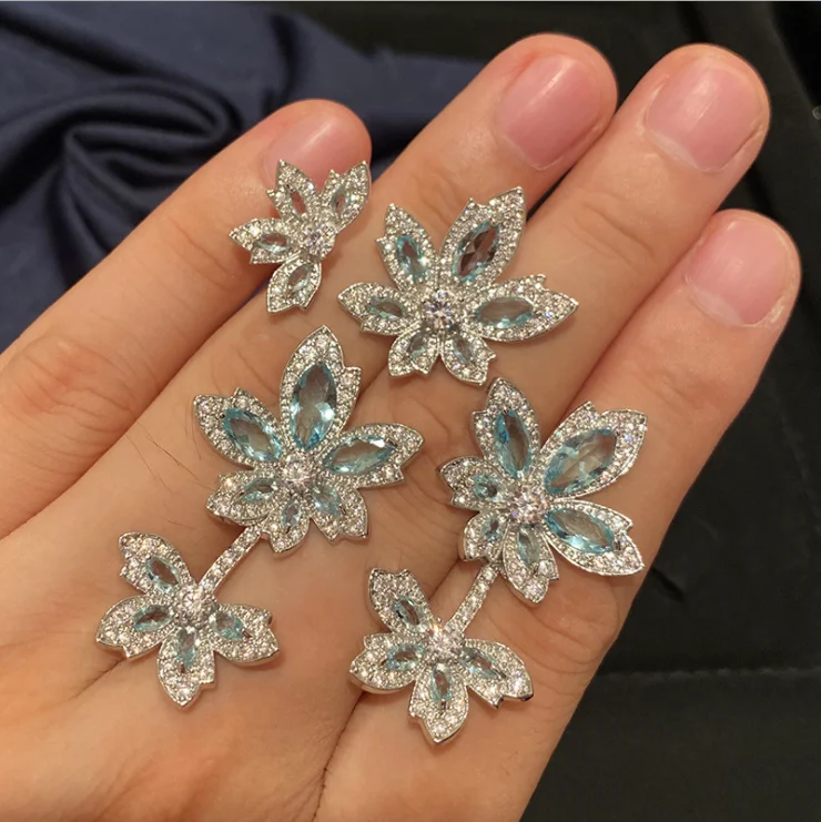 

Women Full zircon blue crystal flower blue stamen earrings ring petal earrings temperament accessories