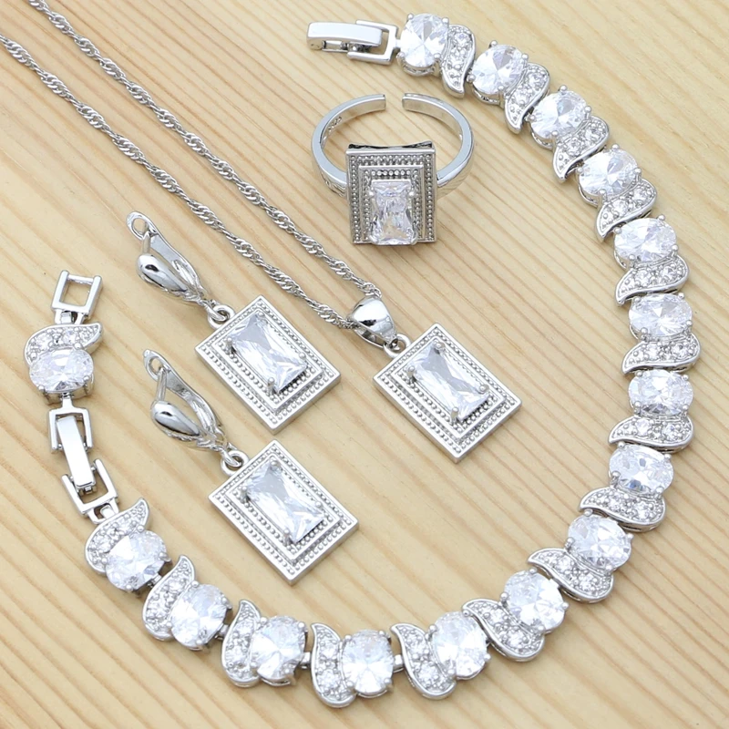 

925 Sterling Silver Jewelry Set White Square Crystal Noble Wedding Jewelry Earrings Pendant Chain Bracelet Ring for Women