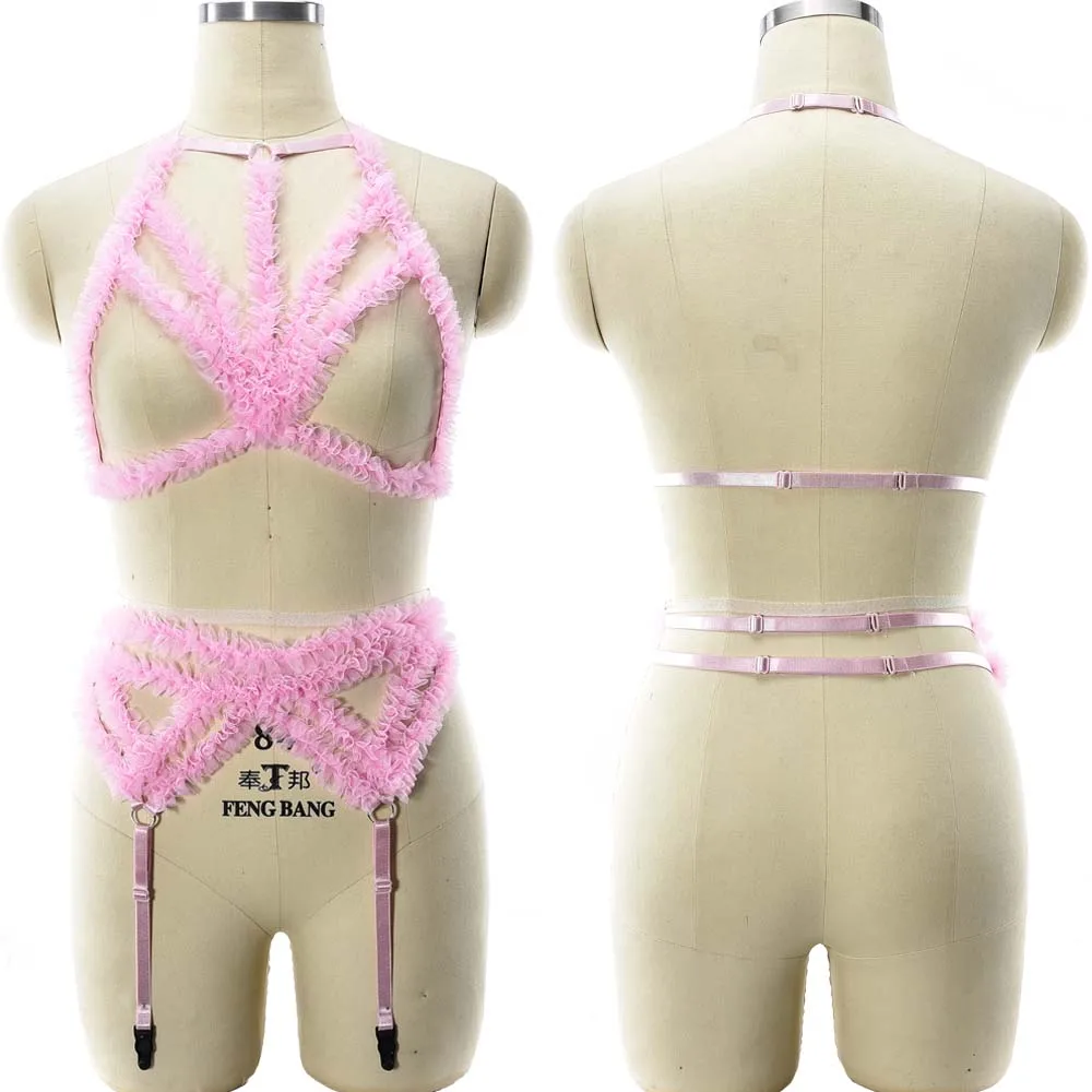 Sexy Wedding Lingerie Body Harness Set Pink Open Chest Cage Bra Goth Stockings Garter Belt Bondage Body Cage Harness Woman