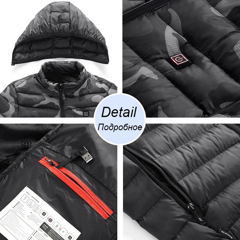 2022 New Men Winter Warm USB Heating Fleece Jackets Parkas Men Smart Thermostat Detachable Hooded Heated Waterproof Jacket Men