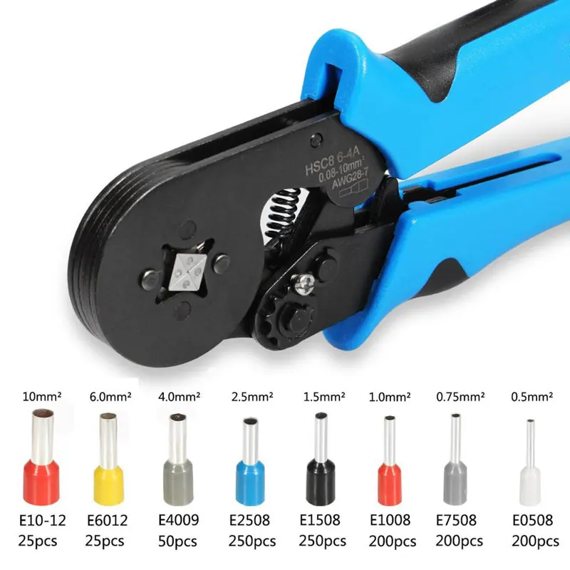 HSC8 6-4 0.08-10mm² Crimping Pliers Wire Stripper Crimper Ferrule Tube Type Needle Self-Adjusting Hand Pliers 1200 Terminals Kit