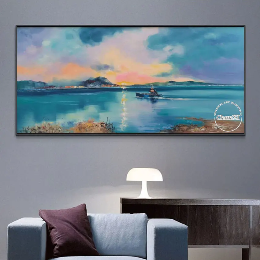 Boats with Sunset Oil Paintings, Wall Art Canvas, Modern Acrylic Paints, Home Wall Decoration, No Framed, Hot Selling