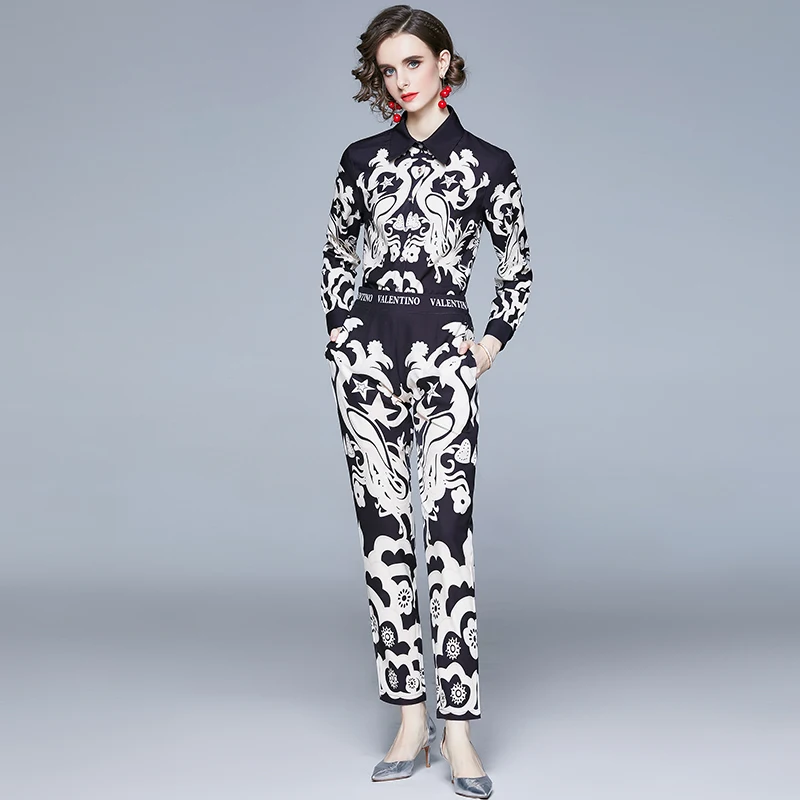 Autumn Fashion Runway Sets 2023 New Temperament Long Sleeve Printed Blouse + Pants Suit 2 Piece Lady Office Two Piece Outfit