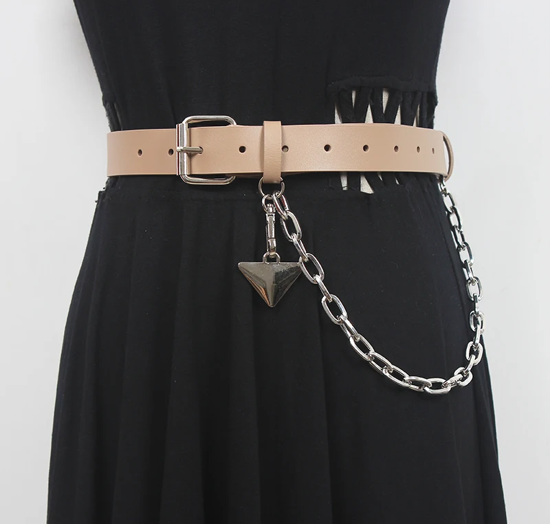 

Women's Runway Fashion Genuine Leather Metal Chain Cummerbunds Female Dress Corsets Waistband Belts Decoration Narrow Belt R737