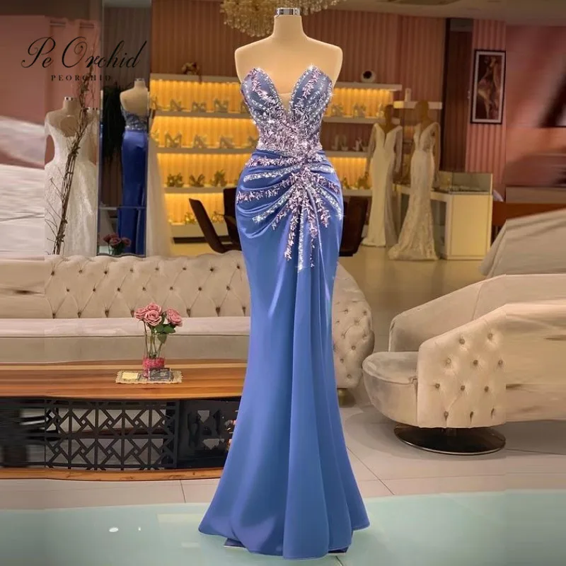 PEORCHID 2022 Luxury Crystal Prom Dresses Long Mermaid Sweetheart Beads Blue Women Formal Dress Women Elegant Evening Gowns