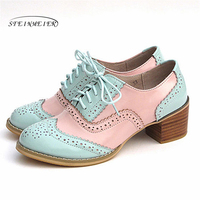 Women Oxford Pumps Shoes Vintage Genuine Leather 5cm Lady Thick Heels Retro Vintage Oxford Shoes For Women Shoes
