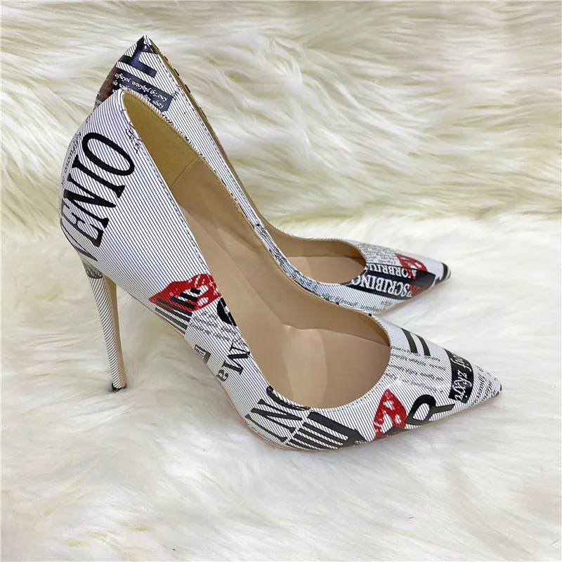 Heelgoo Letters Print Women White Patent Pointy Toe High Heel Party Shoes Fashion Designer Stiletto Pumps Large Size 33-45