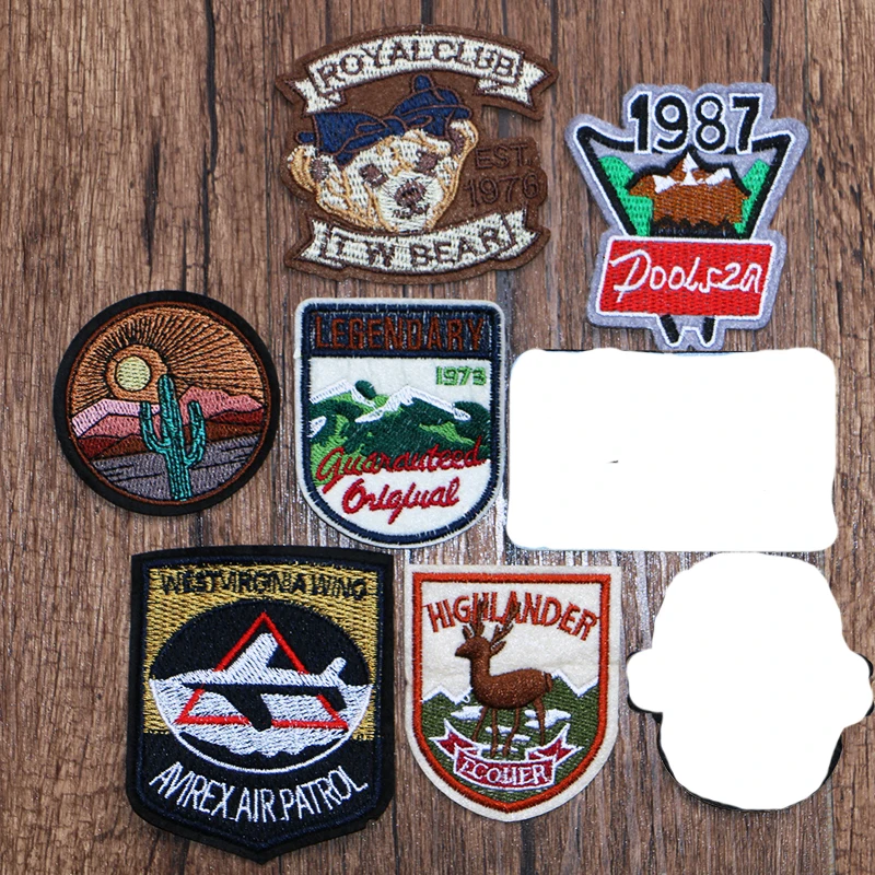 Landscape Painting Bear Deer Airplane Round Icon Embroidery Applique Patch for Clothing DIY Sew up Badge on the Backpack