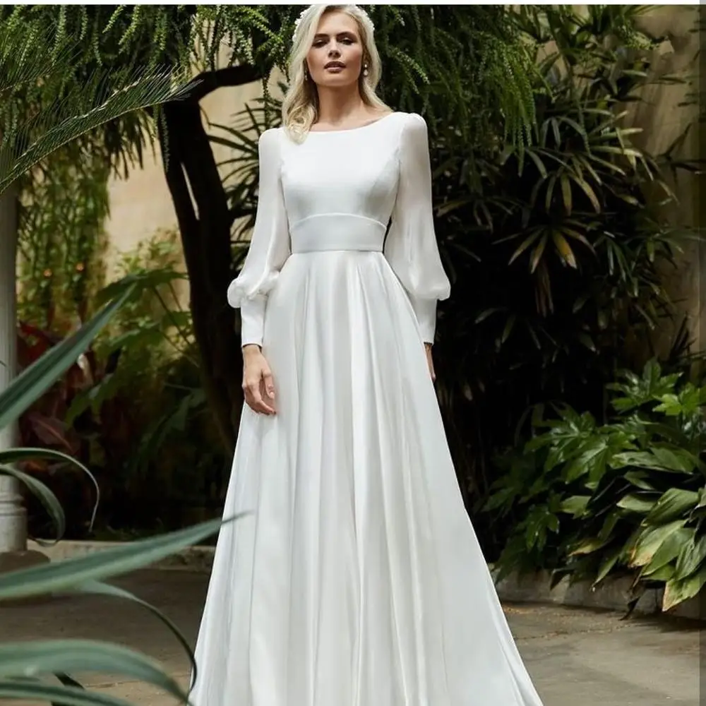 Vestido De boda De manga larga con Espalda descubierta, prenda De vestir elegante De satén Simple con escote triangular, 2021