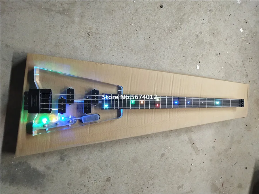 High-quality customized version 4 string headless electric bass crystal glass transparent body led led luminescent colorf