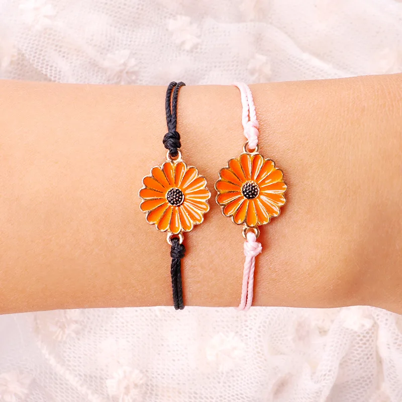 Bohemian Style Sun Flower Bracelet Handmade Waterproof Wax Line Chrysanthemum Pendant Charm Bracelet For Women Summer Beach Jewe