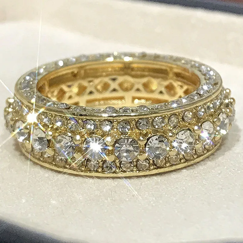 Fashion Gold Color Round Crystal Zircon Women\'s Ring Inlaid Rhinestone Female Ring for Party Jewelry Accessories Size 5-11