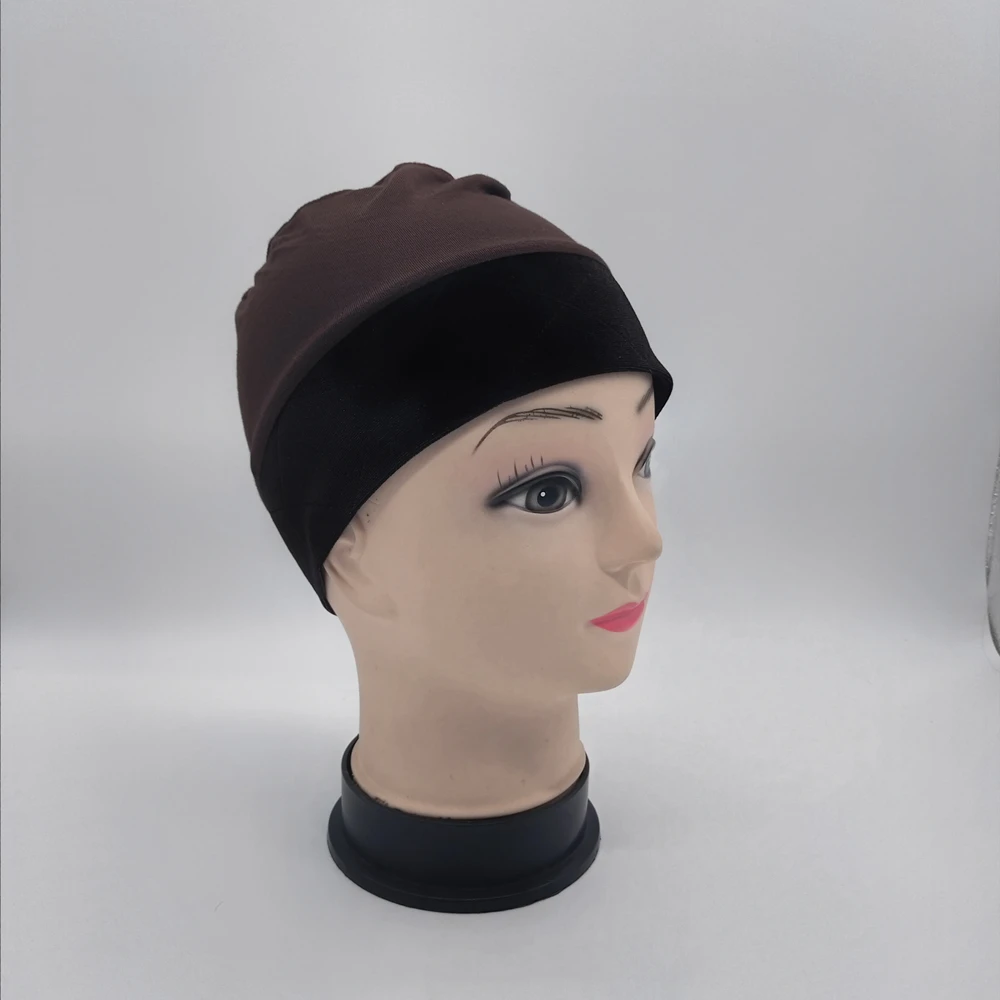 Brown color wig grip cap with velvet headband around for cancel patients comfortable and elastic caps