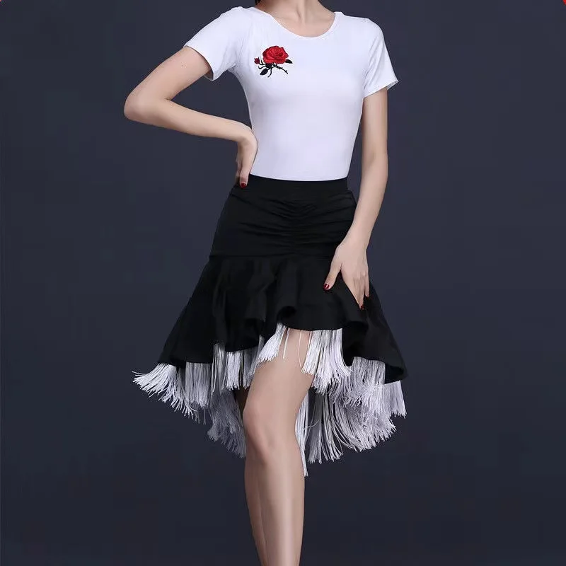Nieuwe Latin Dance Rok Dubbele Lagen Ontwerp Volwassen Practise Concurrentie Dans Rok Tops Dance Fringe Rok Latin Ballroom Kostuum