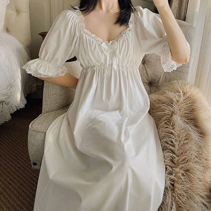 Victorian Night Dress Women Summer White Cotton Vintage Nightgowns Romantic Sleepwear Lace Long Peignoir Breast Pads Night Wear