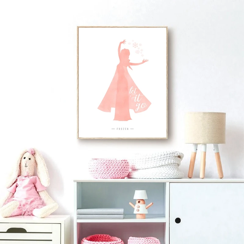 Pink Baby Girl\'s Room Decor Princess Castle Silhouette Fairy Posters & Prints Watercolor Art Picture Canvas Painting Decoration