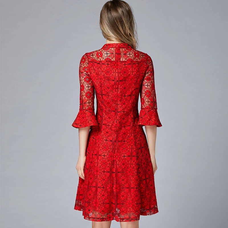 women plus size dresses Red brand fashion embroidery middle sleeve fashion versatile casual dress