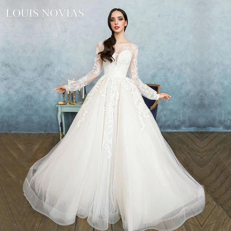 

LOUIS NOVIAS Retro New Elegant Eeep V-Neck Vestido De Noiva 2020 Wedding Dress Luxury Applique Long Sleeve Lace Bridal Dress