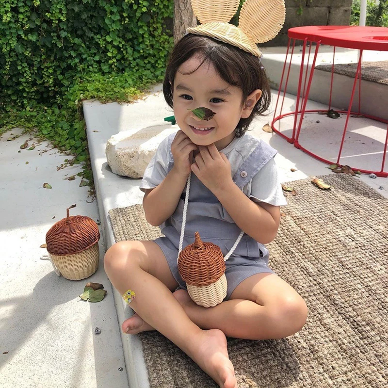 Cestino da Picnic in Rattan Pinecone borsa portaoggetti tessuta a mano borsa da Basket in Rattan portatile carino cestino di vimini per puntelli fotografici per bambini