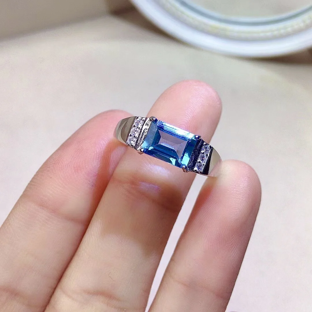 6mm*8mm Emerald Cut VVS Grade Natural Topaz Silver Ring for Party Solid 925 Silver Topaz Ring Fashion Gemstone Jewelry