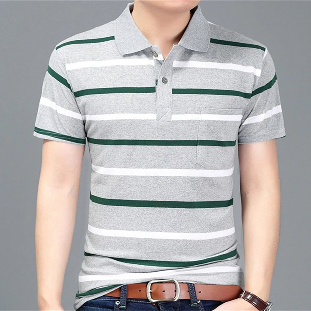 MwOiiOwM New Summer Style Striped Short Sleeve Casual Male T Shirt High Quality Polyester T-shirts Men Turn Down Collar Tshirt