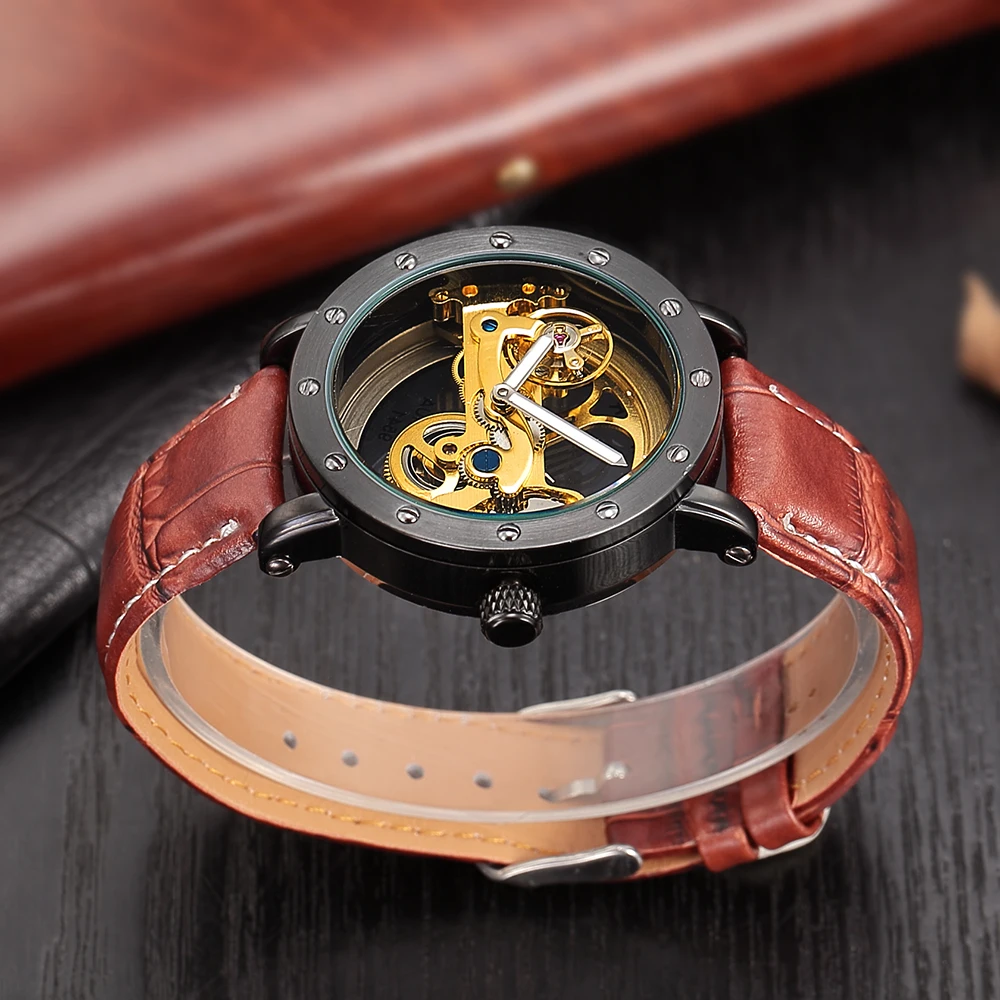 Luxury Tourbillon Automatic Mechanical Watches Men Skeleton Watches Men Transparent Watches Leather SHENHUA Relogio Masculino