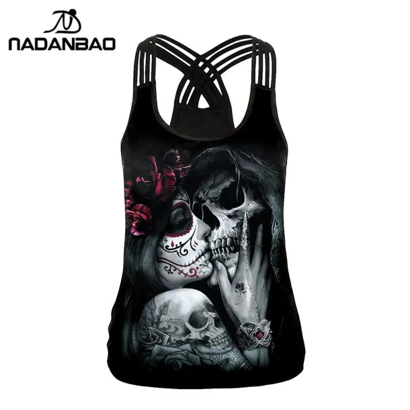 NADANBAO Sexy Hollow Out Women Tank Tops Backless Female Streetwear Hallowenn Tops 3D Print Rose Vest Sleeveless Fitness Clothes