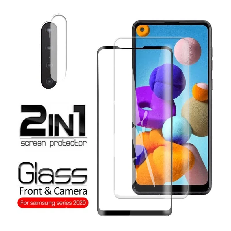 2 In 1 Protective Glass for Samsung Galaxy A21 Camera Lens Screen Protector Glass for Samsung 21A A 21 Armor Tempered Film Black