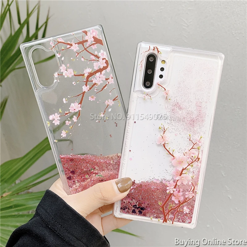 For Samsung Galaxy Note 20 Ultra 5G 10 Plus 9 8 Case Clear Pink Cherry Blossoms Shiny Glitter Bling Liquid Quicksands Soft Cover