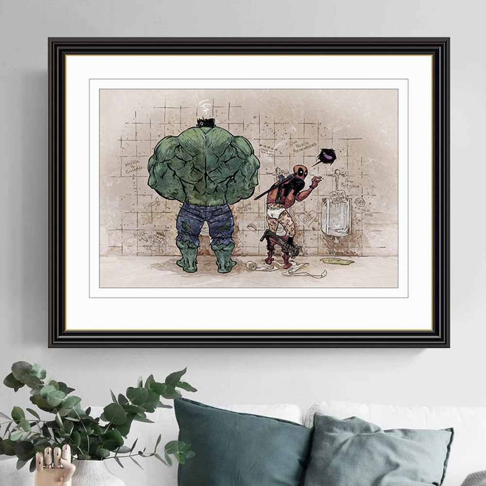 Bathroom Wall Art Decor Funny Superhero Hulk And Deadpool In The Toilet Poster Avenger Retro Canvas Painting Home Decor