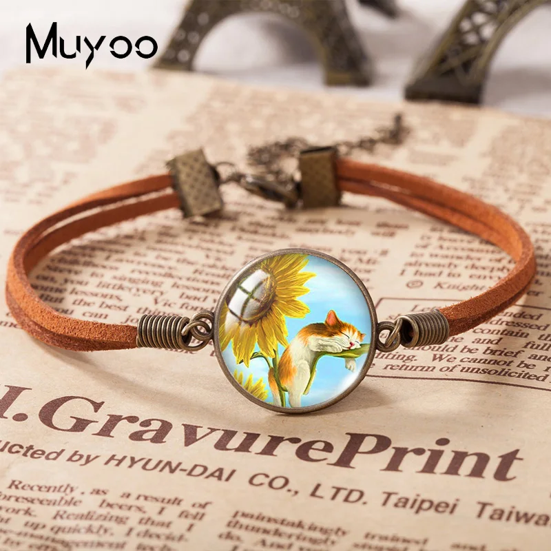 2021 New Sunflower Field Leather Bracelet New Beginnings Glass Dome Photo Bracelets Handmade Jewelry For Women