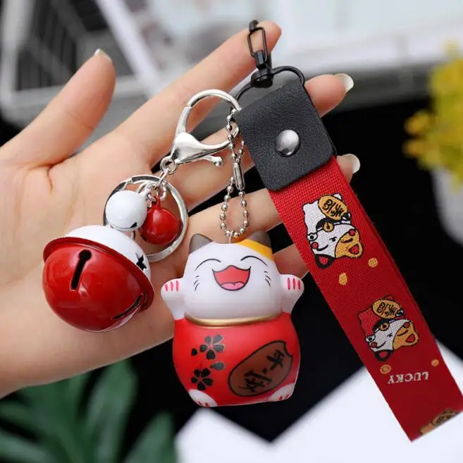 2022 10pcs  Fortune Cat Keyring Lucky Beckoning Cat Bell Keychain Cartoon Animal Key Ring Car Hanging Jewelry Women Gift