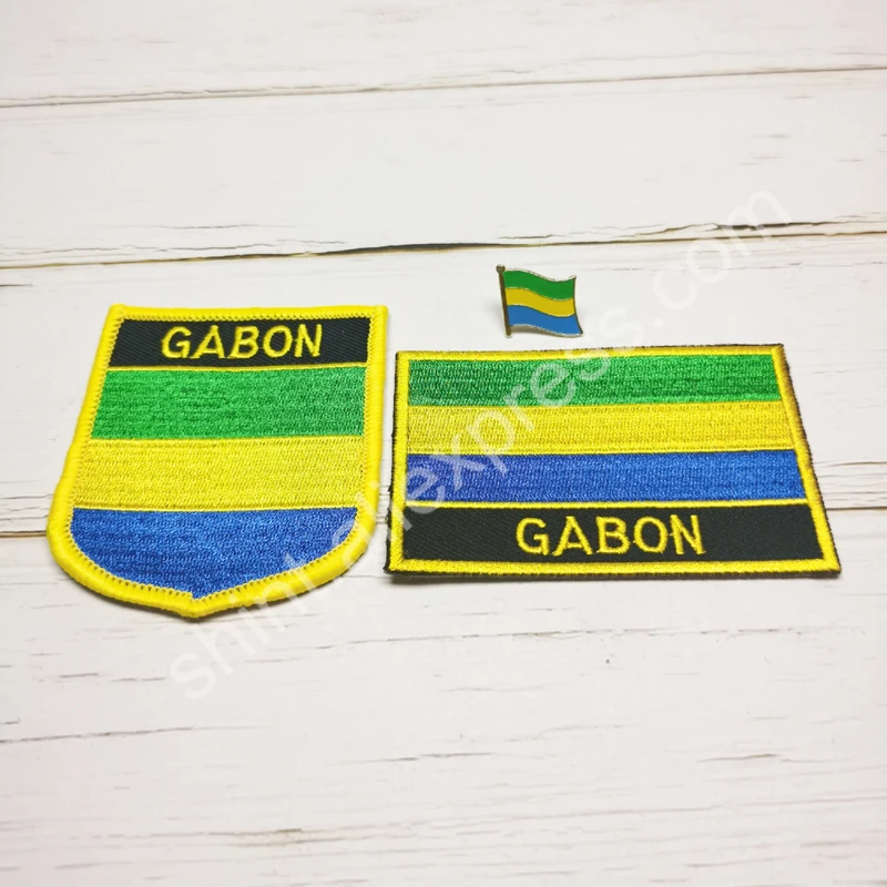 Gabon National Flag Embroidery Patches Badge Shield And Square Shape Pin One Set On The Cloth Armband Backpack Decoration Gifts