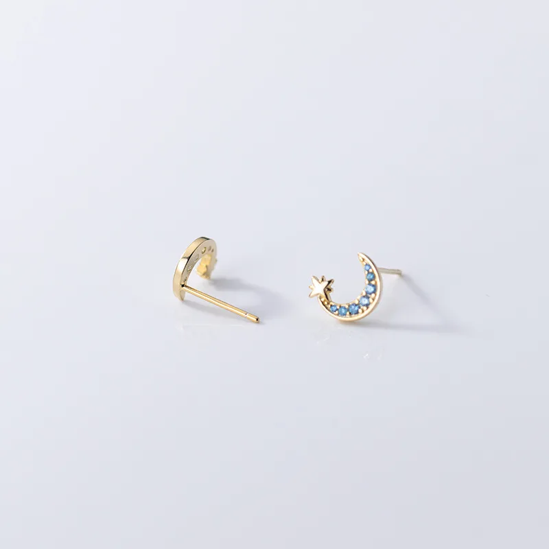 KAMIRA 925 Sterling Silver Korean Star Moon Shiny Blue Zircon Piercing Stud Earrings for Women Party Romantic Simple Jewelry 피어싱